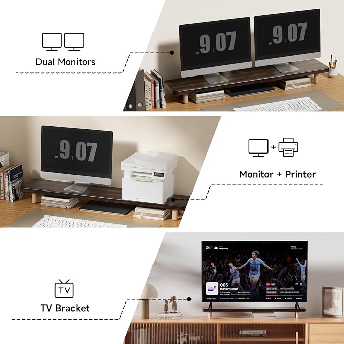 Dual Monitor Stand Riser, 39 Inch Extra Long Wooden Desktop Monitor Riser with Storage for 2 Monitors Ultra Strong Desk Shelf Organizer Riser Ergonomic for 2 Screens/Laptop/PC/TV/Printer (Dark Walnut, 39inches)