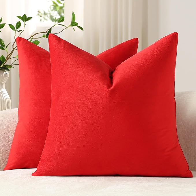 Throw Pillow Covers 20x20 Christmas Red: Pack of 2 Cozy Soft Velvet Square Modern Luxury Decorative Throw Pillow Cases for Sofa Couch Living Room Bed Home Decor