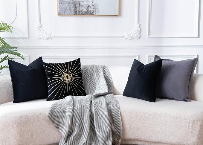Black 20x20 Throw Pillow Covers Set of 2 Decorative Velvet Cushion Covers | Soft Pillow Cases with Invisible Zipper for Modern Couch Sofa Bed Living Room Bedroom Home Decor Halloween