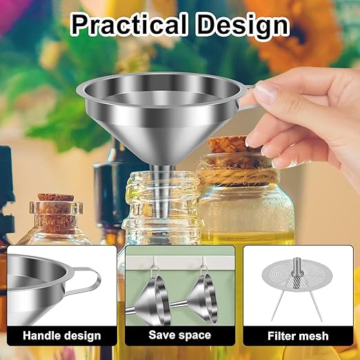 7 Pack Stainless Steel Funnel Set, 4 Sizes (5.91" 5.12" 4.33" 2.2") 304 Metal Kitchen Funnels with 3 Fine Mesh Strainers for Filling Bottles, Oil, Juice, Coffee, Milk, Tea