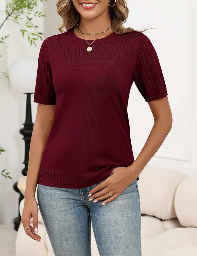 Zeagoo Women's Short Sleeve Sweater Tops 2026 Spring Summer Crew Neck Hollow Out Blouses Dressy Business Casual Outfits