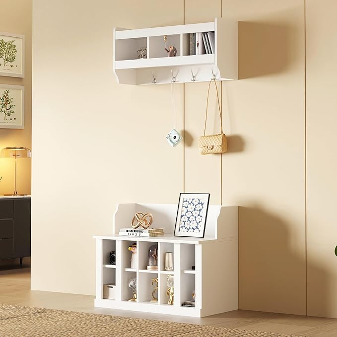 Hall Tree Entryway Coat Rack Shoe Storage Bench with Shelves and 4 Hooks, Modern Elegant Hall Tree with Wall Mounted Coat Rack, Entryway Organizer for Entryways, Mudroom (White)