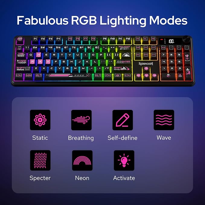 Redragon K526 PRO Wireless RGB Membrane Gaming Keyboard, LED Screen & Knob | See Battery, Mode & Time at a Glance, 0-Delay Tri-Mode, One-Touch Backlit & Media Adjust, 26-Key Anti-Ghost for Combo-Strike