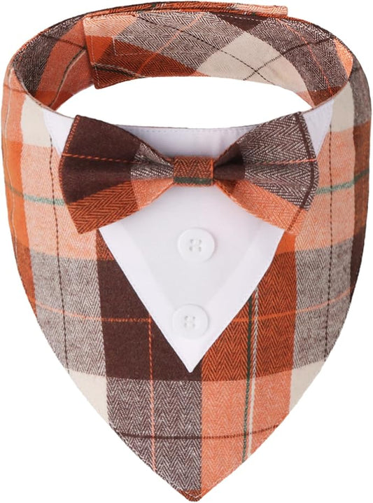 ADOGGYGO Fall Dog Tuxedo Bandana, Orange Plaid Pet Fall Collar with Bowtie, Adjustable Halloween Thanksgiving Costume for Large Dogs (L)