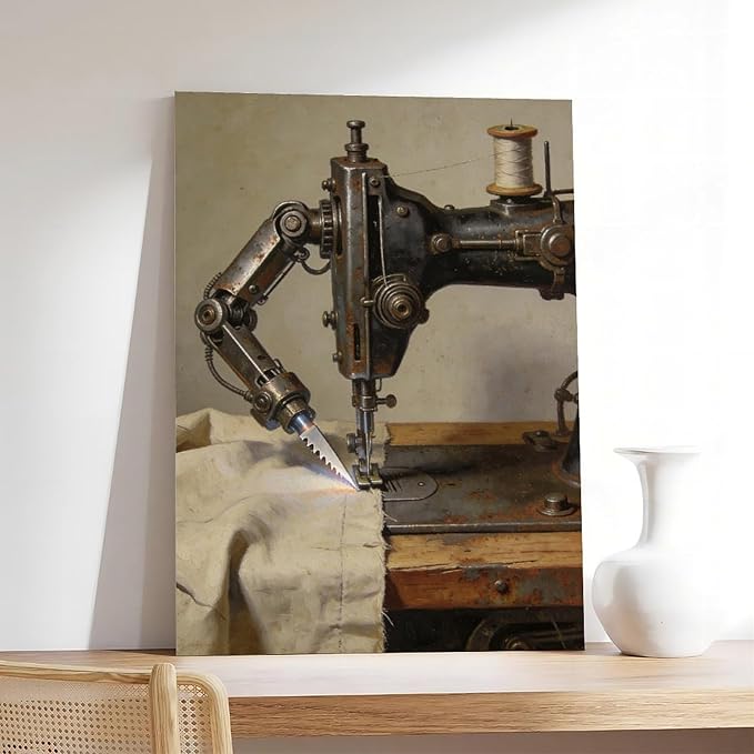 Framed Steampunk Mechanical Sewing Machine Wall Art - Retro Industrial Workshop Poster for Home Office Studio Decor 08x12inch(20x30cm)