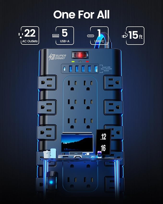 Power Strip Surge Protector, SUPERDANNY 15Ft Long Extension Cord with 6 USB Charging Ports and 22 AC Outlets, 1875W/15A, 2100 Joules, Flat Plug Power Outlet for Home, Office, Dorm, Gaming Room, Black