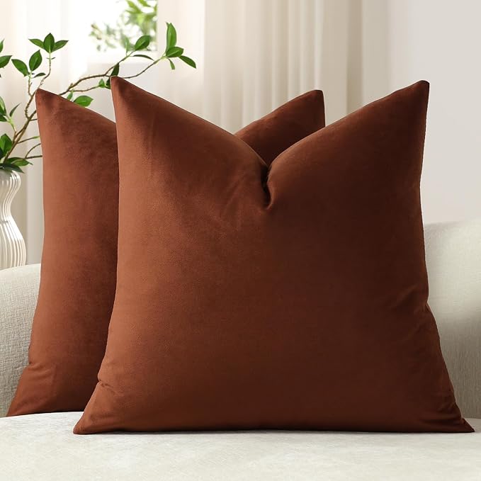Throw Pillow Covers 16x16 Reddish Brown: Pack of 2 Cozy Soft Velvet Square Modern Luxury Decorative Throw Pillow Cases for Sofa Couch Living Room Bed Home Decor