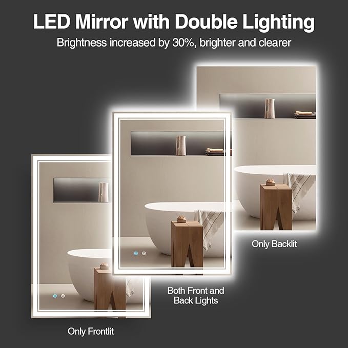 24"x 32" LED Bathroom Mirror with Anti-Fog, Dimmable Backlit + Front Lit, 3-Color LED Bathroom Vanity Mirror for Wall, Memory Function, Shatter-Proof Glass, ETL Listed(NHYJ6822D-NA)