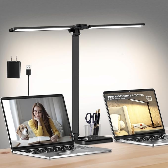Dimmable LED Desk Lamp with USB Charging Port Bright, 50 Lighting Modes Dual Swing Arm Architect Table Lamp Light Desk Lamp for Home Office Dorm Piano Nail