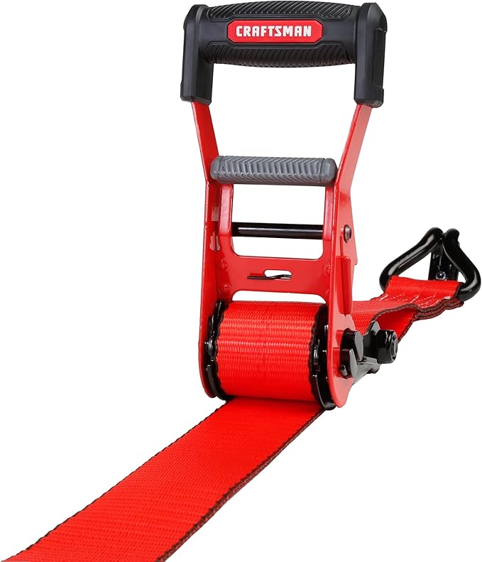 CRAFTSMAN CMXAZBS10000J Black/Red 2" x 27' Ratchet Tie Down Strap with Double J Hook - Heavyweight/Industrial Duty (10,000 lb Break Strength)