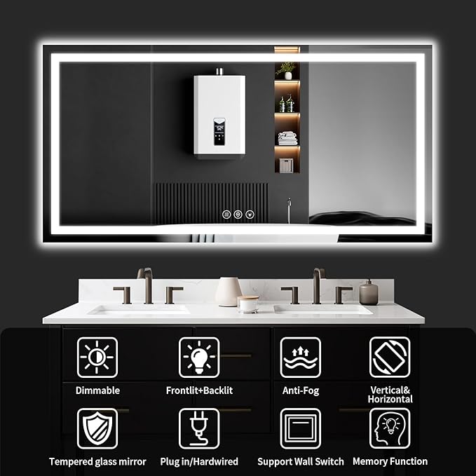 30"x60" LED Bathroom Mirror with Lights, Dimmable, Anti-Fog, Lighted Bathroom Vanity Mirror for Wall, Backlit + Front Lit, Memory Function, Shatter-Proof, Tempered Glass