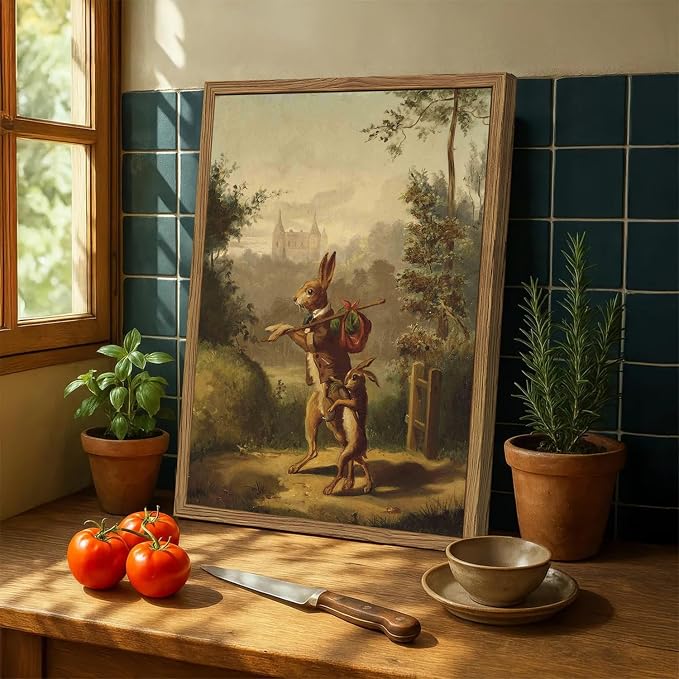 Funny Rabbit Wall Art Whimsical Bunny Wall Decor Painting Vintage Cottagecore Easter Animal Poster Canvas Prints Hare Family Picture Artwork for Living Room Bedroom 16x24 inch Wood Framed