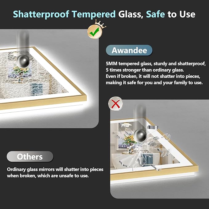 44x32 Gold LED Bathroom Mirror with Lights, Brushed Gold Framed Backlit and Front Lit Anti-Fog Lighted Vanity Mirrors for Bathroom Wall, Dimmable, 3 Colors, Memory, HD Tempered Glass, CRI＞90