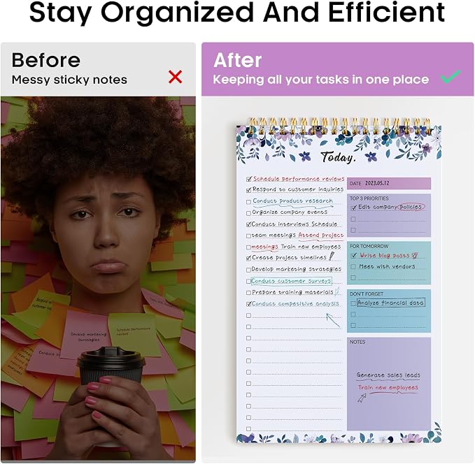 Taja To Do List Notepad, Undated Daily Planner for Work and Goal Setting | VioletBloom, 52 Sheets, 9.8" x 6.5" , for Office, Home and school, Daily Task Planning, Notes and Everyday Organization