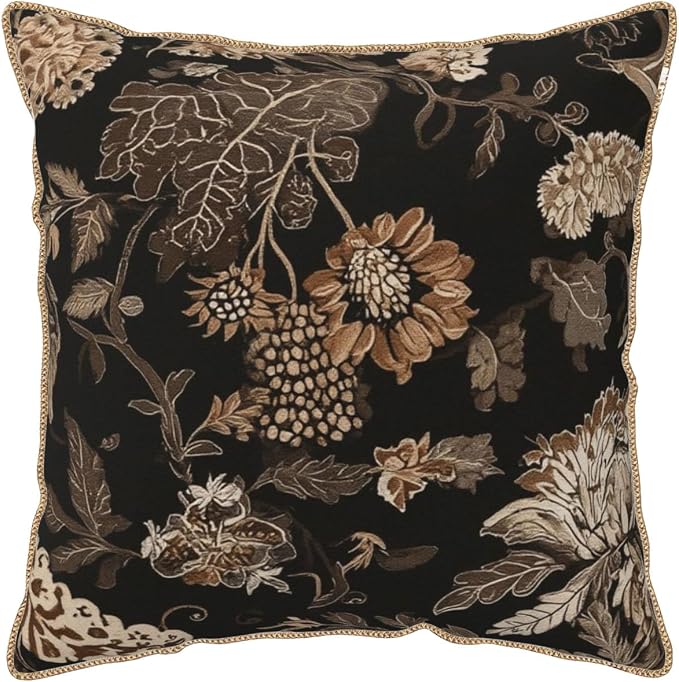 Vintage Black Floral Leaves Velvet Pillow Covers 20x20 Inch Brown Beige Tan Boho Flowers Throw Pillows For Couch Cushion Covers Pillowcase Farmhouse Bohemian Pillow Cases for Sofa Bed Bedroom