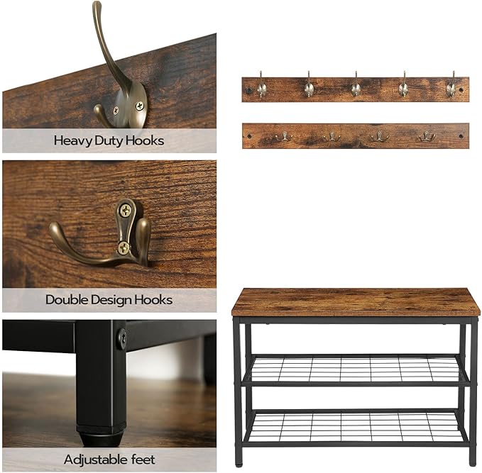 HOOBRO Hall Tree with Bench, Coat Rack Shoe Bench Set, Entryway Shoe Rack with Coat Hooks, Hall Tree Coat Rack, Mud Room, Industrial, for Foyer, Front Door, Rustic Brown BF07MT01