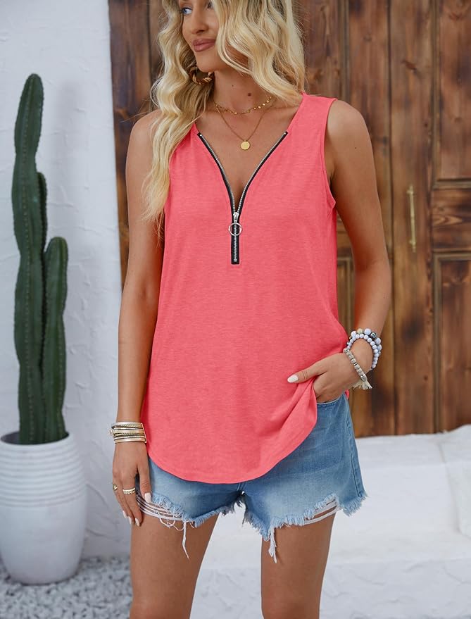 Halife Womens Half Zip V Neck Tank Tops Summer Sleeveless Shirts Casual Loose Top Blouses T Shirts