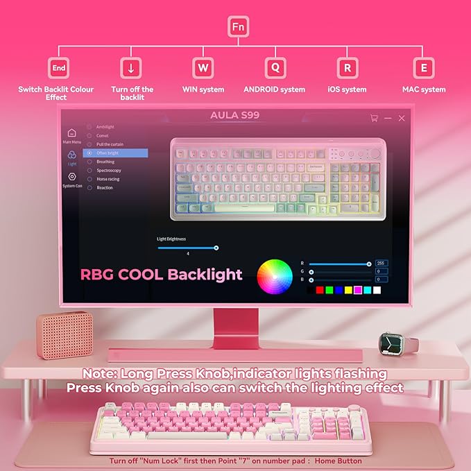 AULA 99 Key Keyboard, Wireless Pink Gaming Keyboard Creamy with Number Pad | Membrane Keyboard,RGB Backlit,Tri-Mode BT/2.4GHz/USB-C,2000mAh Rechargeable Thocky Clicky Creamy Sound Computer Keyboards