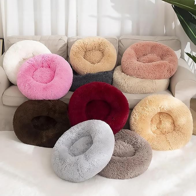 Calming Dog Bed for Small Dogs, Calming Donut Cuddler Pet Bed Anti Anxiety Round Dog Bed Fluffy Plush Faux Fur Cat Bed,Blue+White,23.6IN