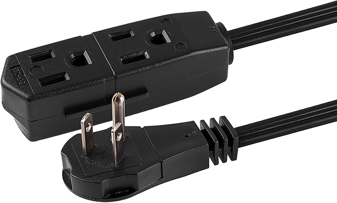 GE 3-Outlet Flat Extension Cord 15 Ft Grounded Extension Cord with Multiple Outlets 3 Prong Outlet Extender Flat Plug Indoor Power Strip 16 Gauge UL Listed Black, 56987
