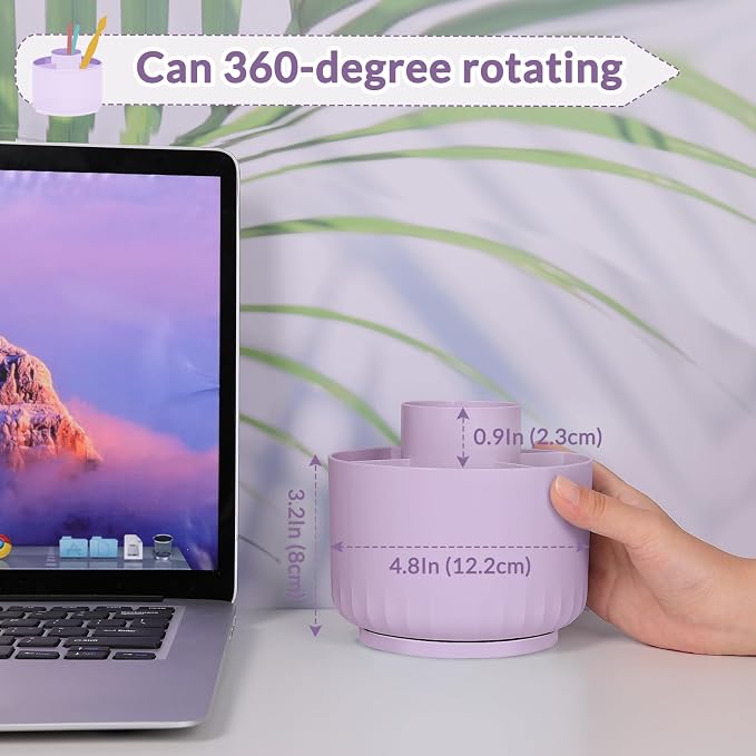 SKYDUE 360 Degree Rotating Desk Organizer, Dual-Purpose Pencil Pen Holder for Desktop, Rotating Desk Pen Organizer with 5 Slots Purple