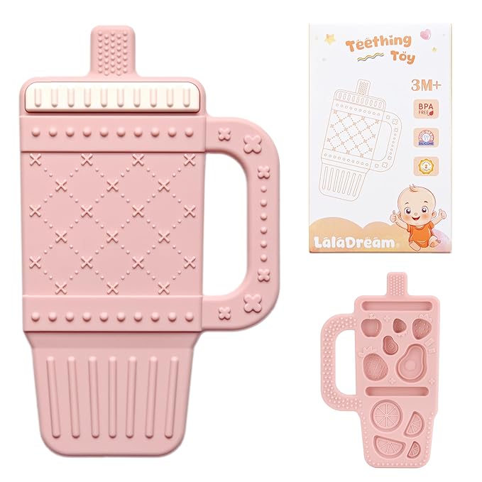 Baby Teething Toy Silicone Baby Teether for 3 6 12 18 Months Infant Tumbler Cup Shape Babies Teething Relief with Handle Toddler Chew Toys Food Grade BPA Free Teether Toys for Boys Girls Carol Pink