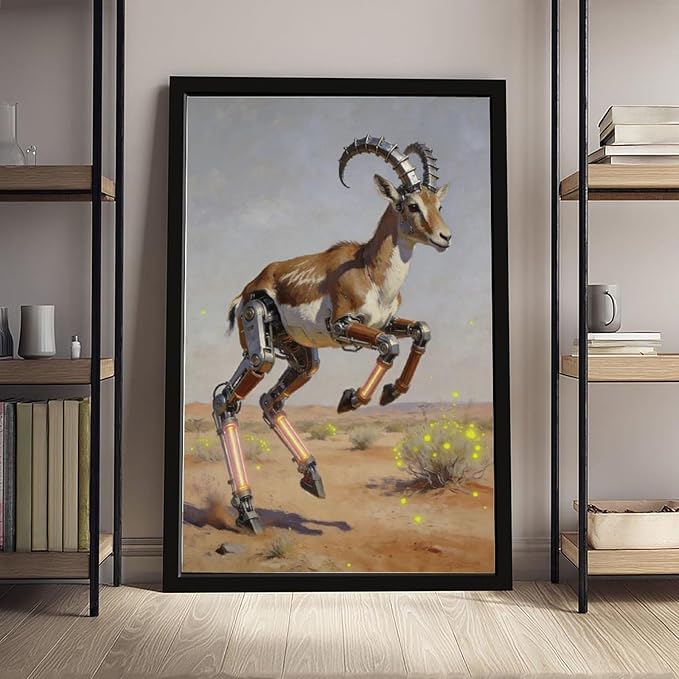 Framed Steampunk Mechanical Antelope Wall Art - Desert Futuristic Poster for Loft Living Room Decor 24x36in