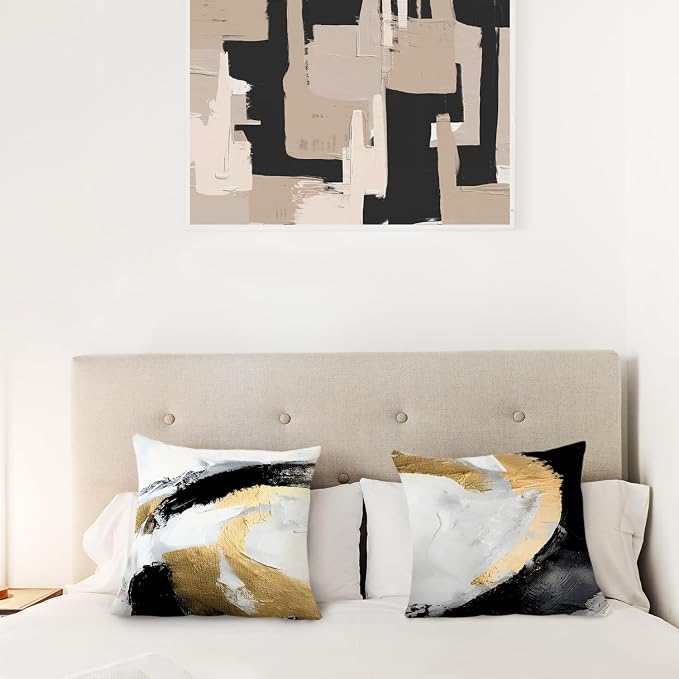 Abstract Black White and Gold Pillow Covers 20x20 Set of 2 - Modern Pillow Covers, Modern Home Decor, Black and Gold Decorative Pillows Cover for Couch Living Room Bedroom