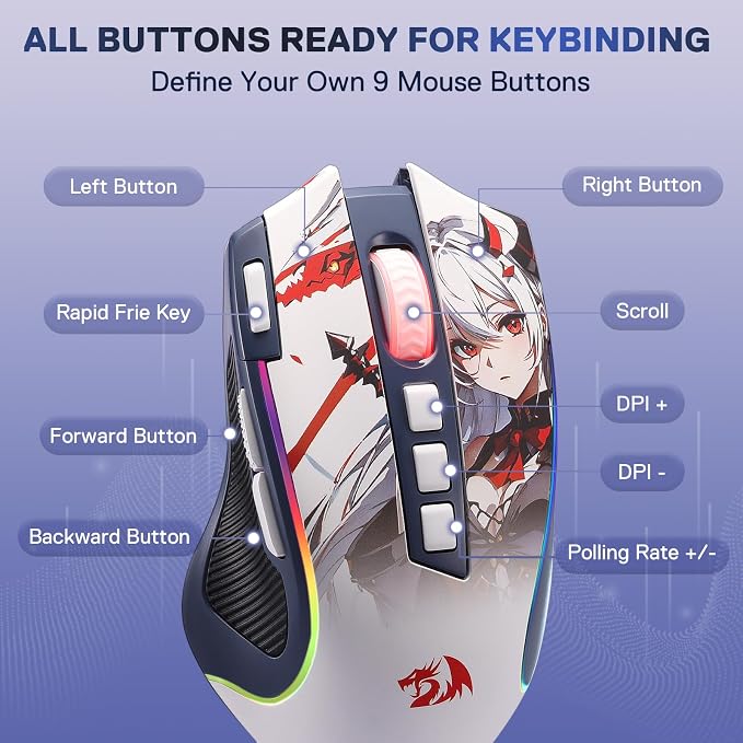 Redragon M612AK PRO Wireless Anime Gaming Mouse 8000 DPI Remapping Keys | Cable-Free 0 Delay, Rapid-Fire Clicker, Redefine Keybinding Macro, Vibing Backlight, Ergonomic Grip Body Comfort