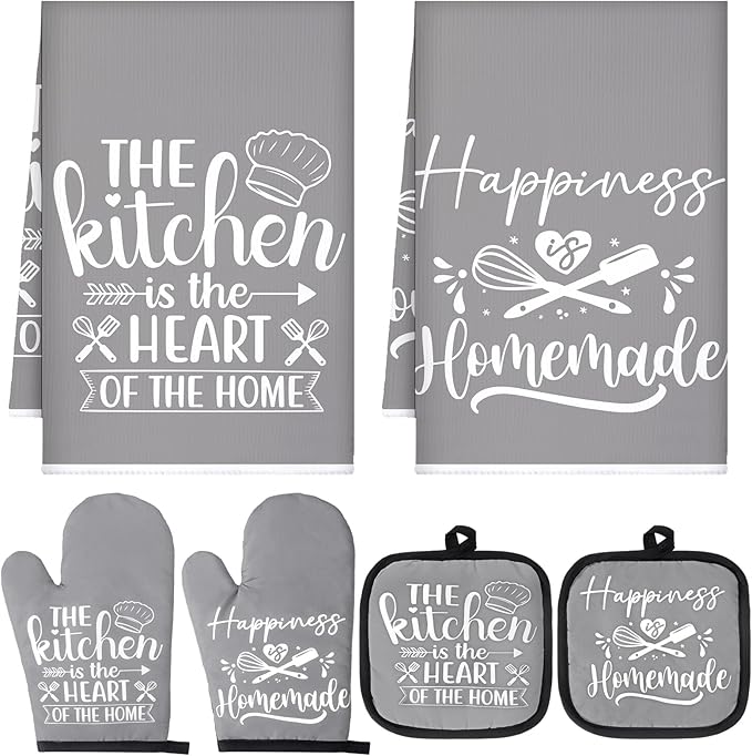 Sratte 6 Pcs Kitchen Decor Accessories Set Farmhouse Towels Pot Holders Oven Mitts Set 2 Dish Towels 2 Potholders 2 Cooking Mittens Oven Glove for Christmas Baking Cooking Supply(Gray,Kitchen)