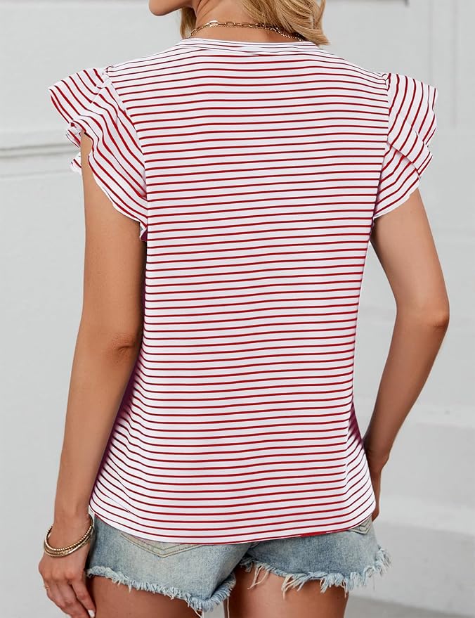 JUSTFASHIONNOW Womens Summer Tops Striped T-Shirts 2026 Ruffle Short Sleeve Crew Neck Casual Blouses with Pocket