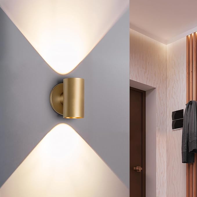 Tubicen Up Down Wall Sconce Gold Bright Indoor Dimmable Sconces Lighting Hardwired 7W 3000K LED Movie Theater Wall Lights for Living Room Hallway Stairway 5.4in Cylinder