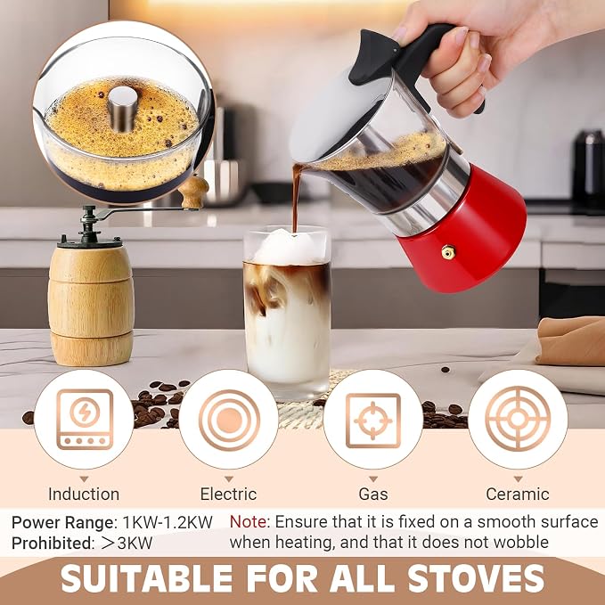4 Cup 200ml Glass Moka Pot, Stovetop Espresso Maker, Red | Crystal Glass-top & Stainless Steel Coffee Maker, Induction Compatible, for Greca de Cafe, Cuban and Italian Coffee Brewing