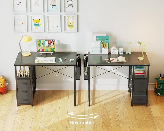 AODK 32 Inch Small Computer Desk with Fabric Drawers, Black | Mini Desk with Storage Shelf & Bag, Kids Study Desk for Bedroom, Home Office Desk for Small Space