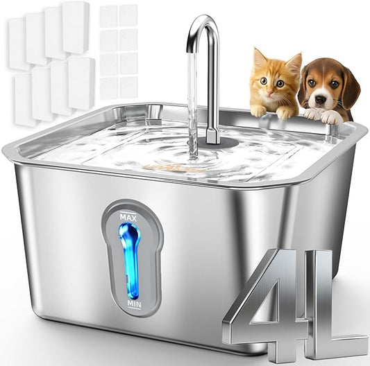 Cat Water Fountain Stainless Steel 135oz/4L Pet Water Fountain for Cats Indoor with 16 Filters Pets Dog Small Animal Automatic Dog Water Dispenser with 8 Filters 8 Sponges Quiet