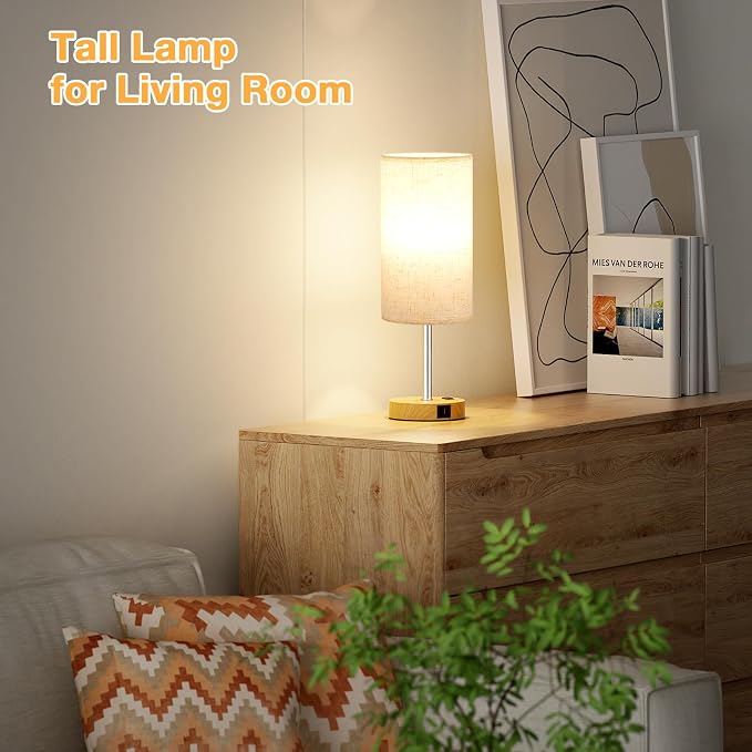 Dicoool 17.4" Bedside Lamp for Bedroom - Dimmable Touch, USB A+C, AC Outlet | LED Bulb Included, 3-Way Dimmable, 17.4" Table Lamp for Guest Room, Living Room, Fabric Lampshade, Wood-Grain Metal Base