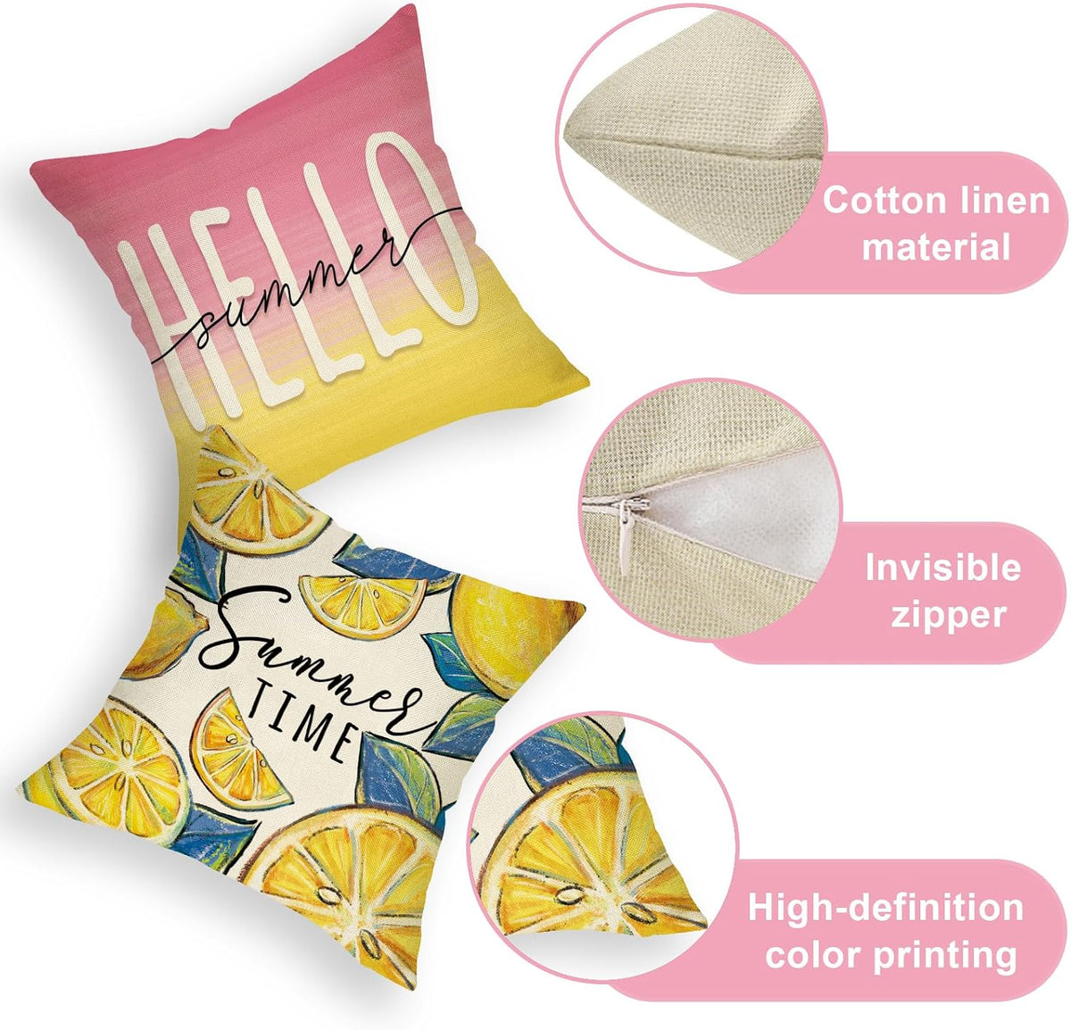 Hello Summer Lemon Decorative Throw Pillow Covers 20 x 20 Set of 4, Summer Vibes Fruit Pink Yellow Cushion Case Decor, Seasonal Home Decoration for Sofa Couch