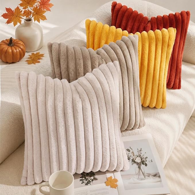 decorUhome Fall Faux Fur Throw Pillow Covers 26x26 Set of 2 Rust | Decorative Soft Cozy Striped Plush Modern Farmhouse Boho Couch Pillow Cases Velvet Back for Sofa Bed Living Room Home Decor