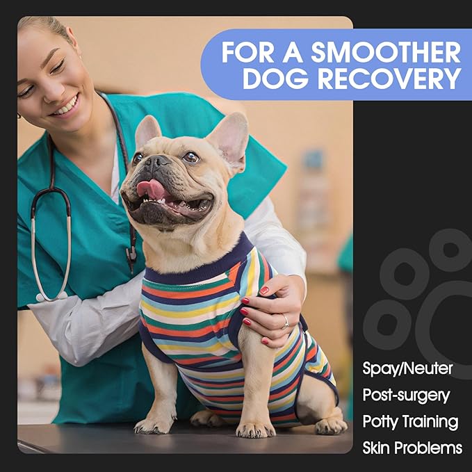 FUAMEY Recovery Suit for Dogs After Surgery,Soft Breathable Dog Bodysuit E-Collar & Cone Alternative Surgical Suit,Male Female Dog Neuter Spay Suits Anti Licking Wounds Onesie Dark Blue Stripes L