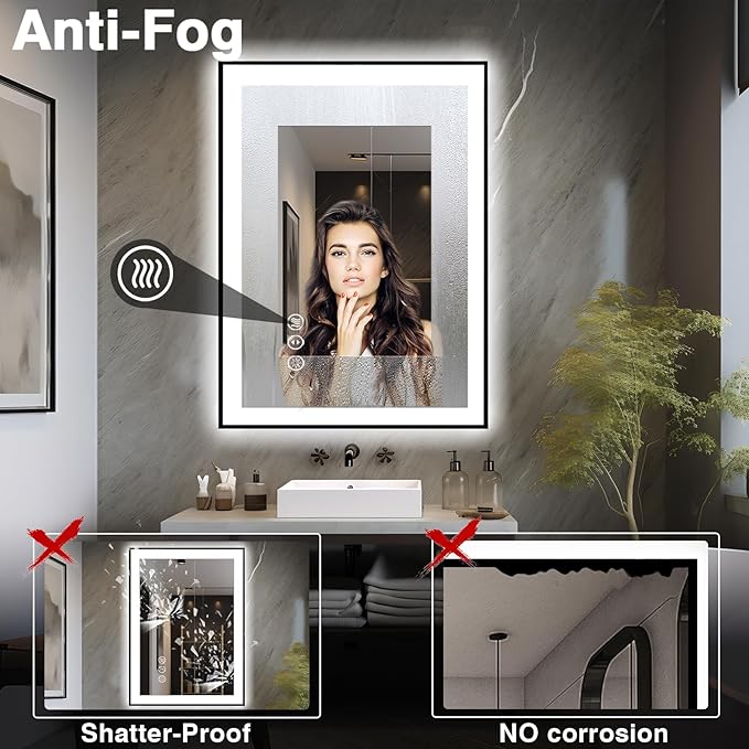 24x32 LED Bathroom Mirrors for Wall -Black Aluminum Framed (Front and Backlit), Anti-Fog Vanity Mirror With Lights,Stepless Dimmable Lighted Mirror,3 Colors Smart Mirror(Horizontal/Vertical)