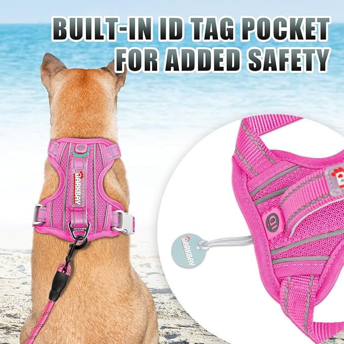 BARKBAY No Pull Dog Harness Large Reflective Dog Harness with Front Clip and Easy Control Handle for Walking Training Running with ID tag Pocket(Pink,M)