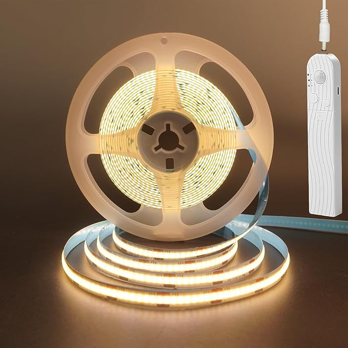 5V Motion Sensor COB LED Strip Lights,Time-Delay and Brightness Adjustable,Two Power Supply Options: Batteries(Not Included) or USB,9.84FT/3M,Warm White 3000K,320LEDs/M,for Kitchen Cabinet