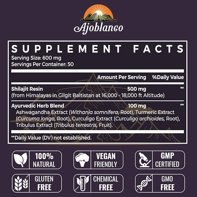 Ajoblanco 600mg Shilajit Pure Himalayan Organic Shilajit Resin - Himalayan Shilajit Resin with Organic Ayurvedic Blend in High Potency for Energy, Strength & Immunity, Pack of 4