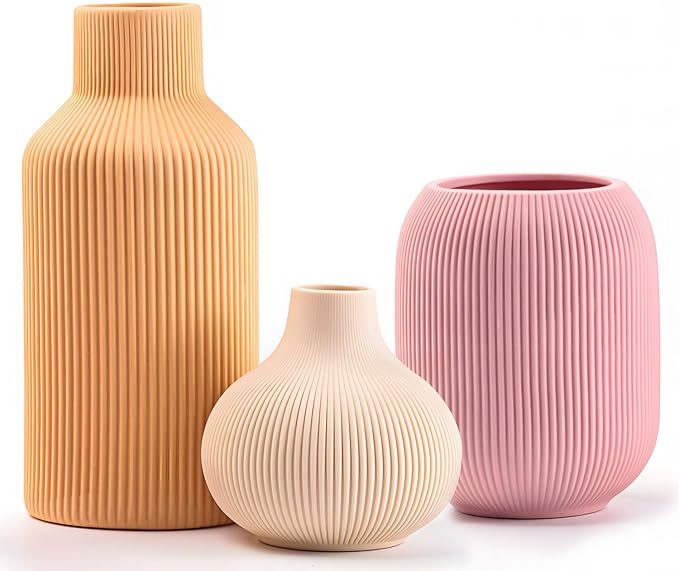 Ceramic Vase Set of 3, Vases Home Decor Modern Minimalist Decor Pottery Boho Vases for Pampas Grass Dried Fresh Flowers, Bookshelf, Shelf, Bedroom, Entryway Mantel Decor(Pink+Light Yellow+Orange)