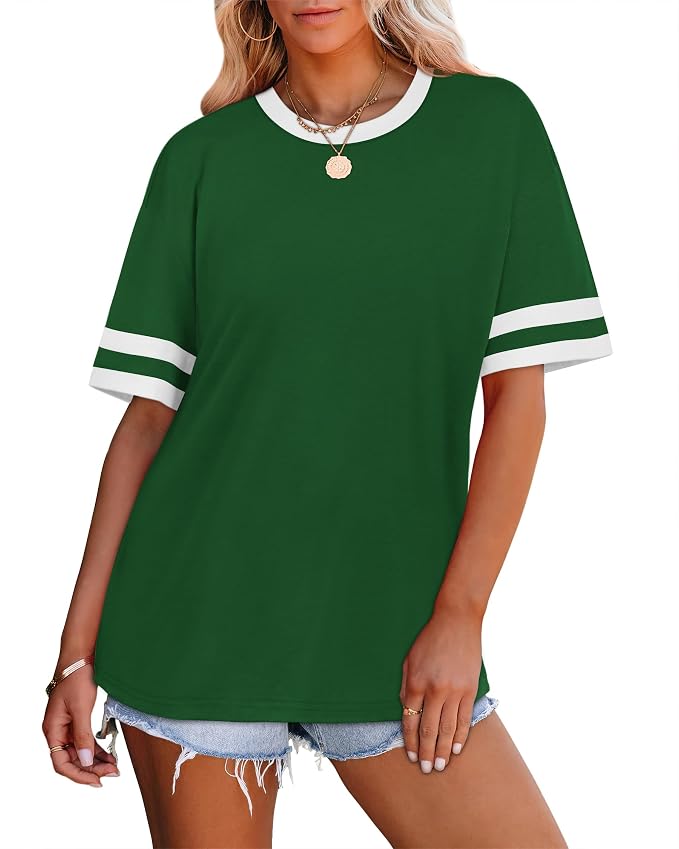 WIHOLL Womens T Shirts Loose Fit Short Sleeve Tees Crew Neck Color Block Summer Tops 2026 Fashion