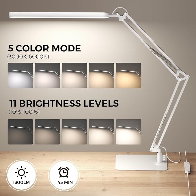 SKYLEO LED Desk Lamp with Slim Base - Adjustable Swing Arm Desk Light, Dimmable, Timer, Eye Protection, Memory Function, 1300LM, 12W, White
