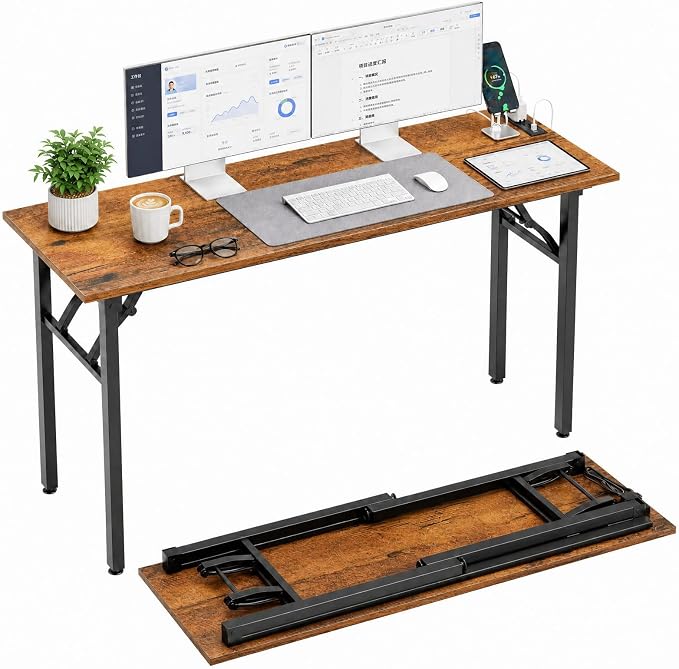 Folding Table Computer Desk - 55.1" No Assembly Folding Desk with Power Outlets & USB Charging Port, Small Desk, Foldable Office Desk, Compact Storage Portable Use for Small Space, Rustic Brown