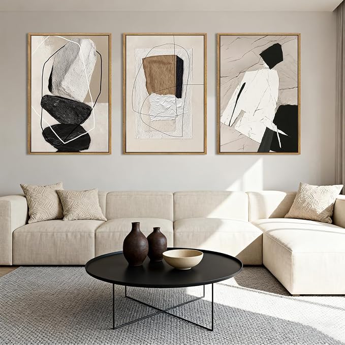 ANHUIB Large Neutral Abstract Wall Art Canvas,Black Beige Artwork, Modern Framed Art Wall Decor, Minimalist Geometric Painting,24x36 Inches Print Set of 3 for Living Room Bedroom
