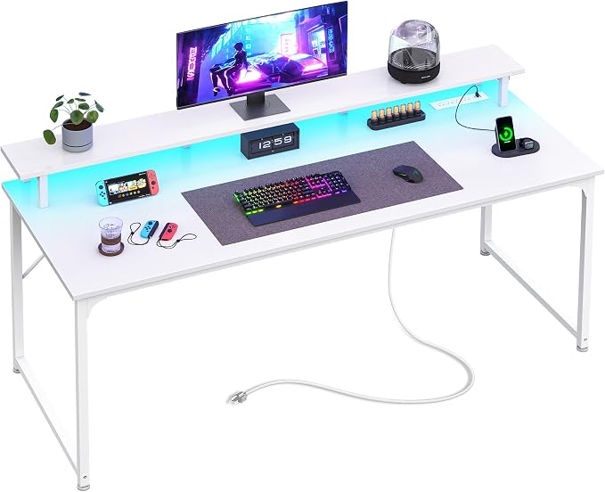 PRAISUN 55 inch Gaming Desk, LED & Power Outlets, Monitor Stand, White | Sturdy PC Desk for Home Office, Study & Work, LED Lights, 4 AC Outlets & USB-C Charging Station