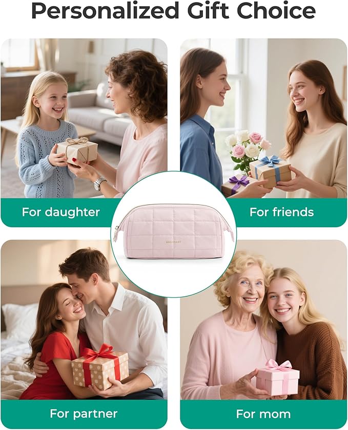 BAGSMART Makeup Bag Travel Toiletry Bag, Wide-open Zipper Pouch, Beige | Puffy Padded, Travel Essentials, Make Up Bag, For Women, Makeup Organizer, Toiletries Accessories Brushes